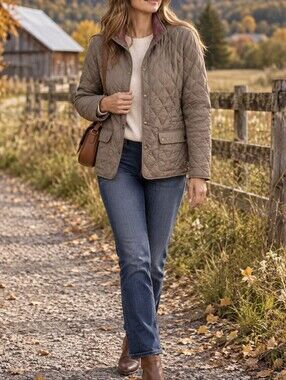 Eddie Bauer Taupe Quilted Button Front Jacket Mauve Lined Utility Coat Preppy
